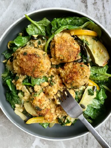 Recipe Panko-Coated Chickpea Falafels with Leafy Greens and Roasted Vegetables