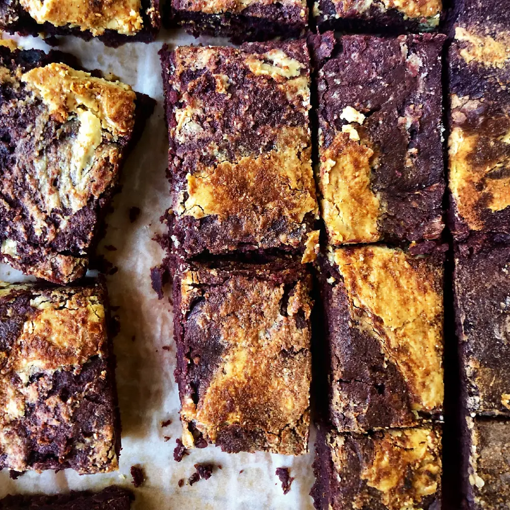 Recipe Marbled Purple Potato Tahini and Cashew Butter Brownies